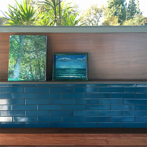 New Walnut ply picture shelf over tiled wall