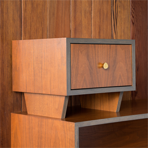 Custom Walnut ply bench and drawer with existing Redwood wall behind