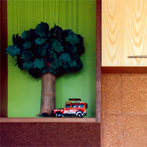 Laminate, cork, Mahogany, and Fir shelving unit