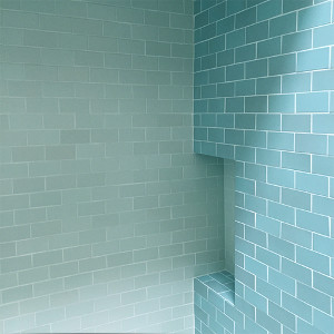 Tiled cubby in bathroom